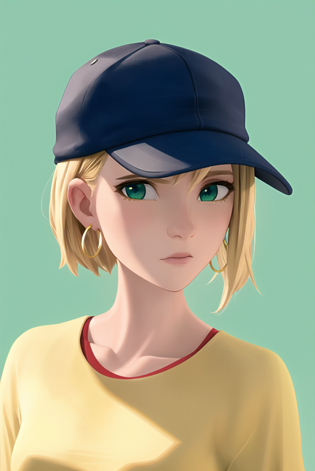 3978523957-581396675-spiderverse style, masterpiece, best quality, 1girl, aqua eyes, baseball cap, blonde hair, closed mouth, earrings, green backgro.png